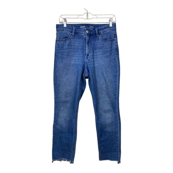 Old Navy High-rise Wow Straight Leg Womans Blue Jeans Size 6 Stretch Raw Hem - Picture 1 of 9
